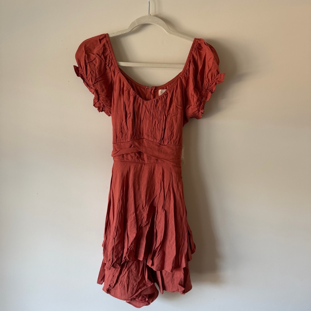 Altar'd State Rust Red Puff Sleeve Romper with Layered Skort